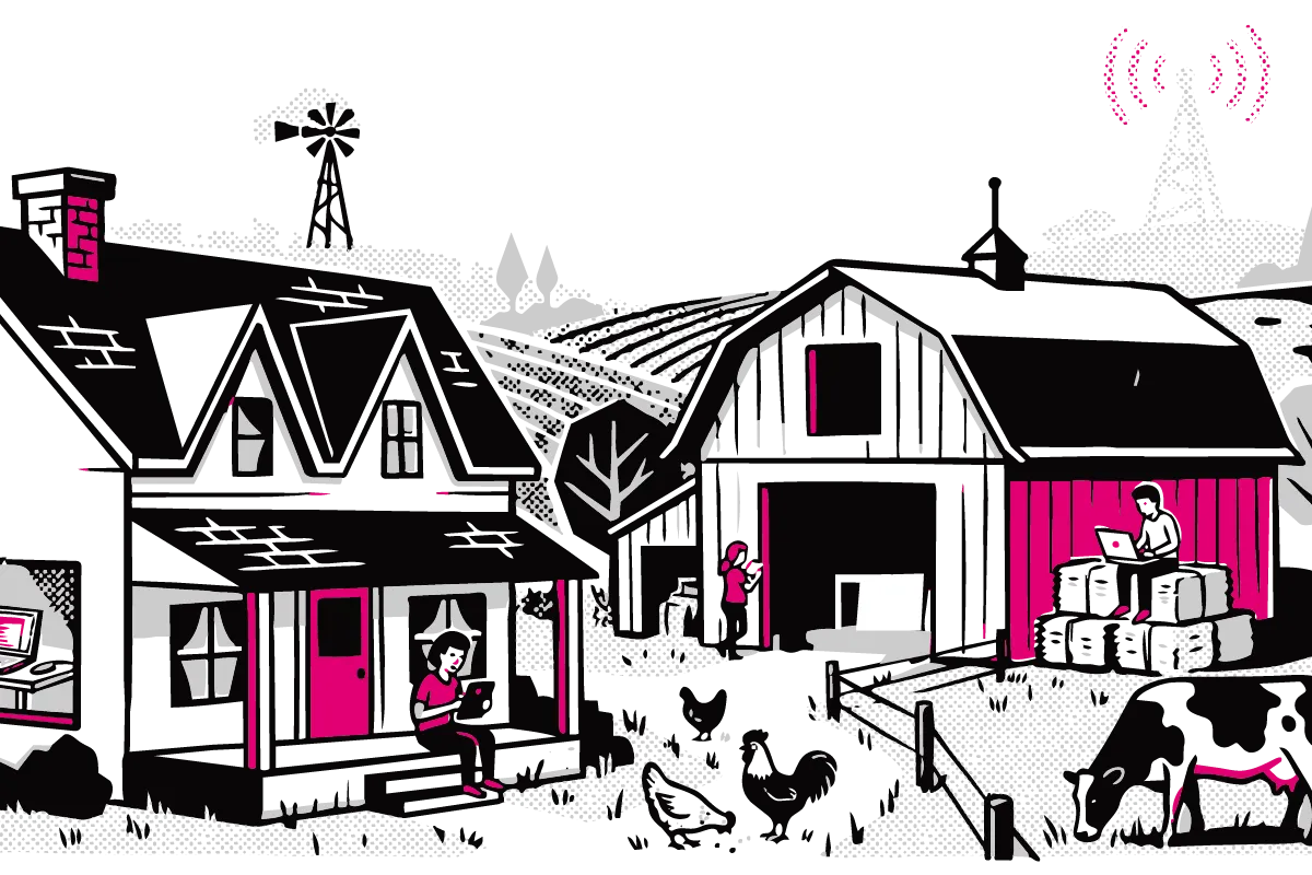 An illustration of a rural home and barn scene showcasing people using their internet devices.